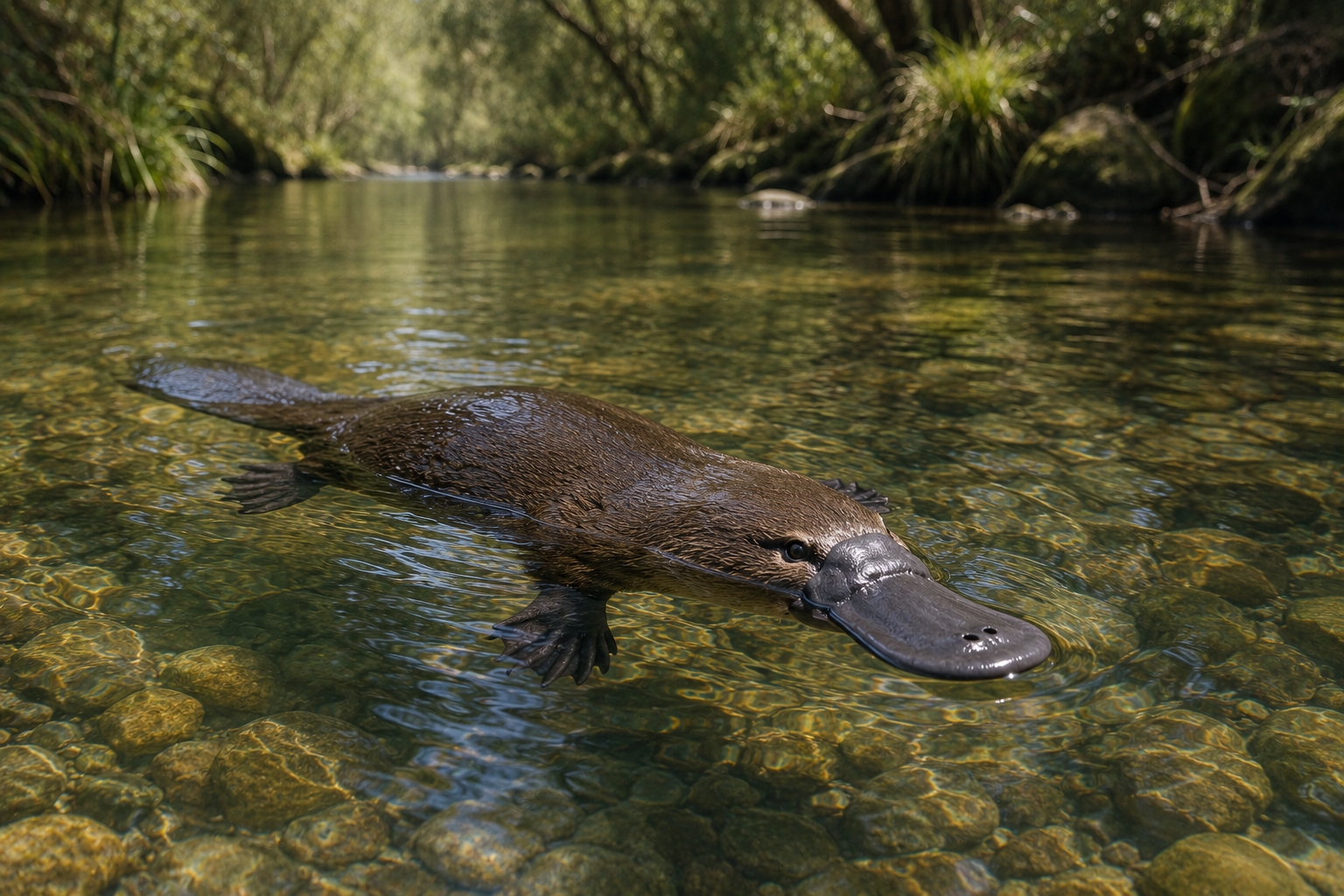 A platypus swimming in a calm, clear Australian creek.