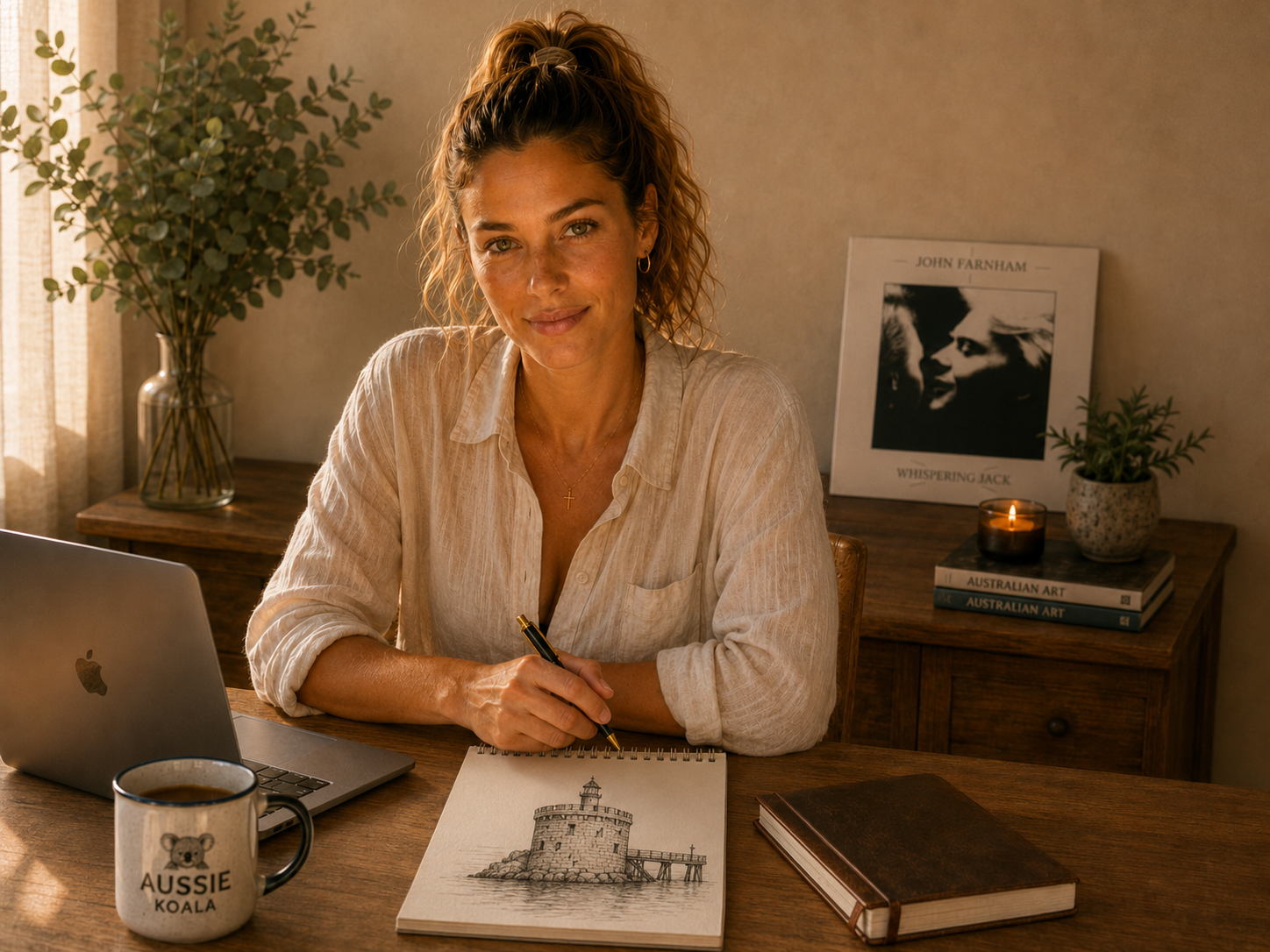 Elise seated at a warm desk with an Apple laptop, Aussie Koala mug, notebook, Sydney Harbour sketch, and a John Farnham Whispering Jack record in the background.