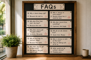 A tidy FAQ noticeboard with handwritten Jessica-themed questions and answers.
