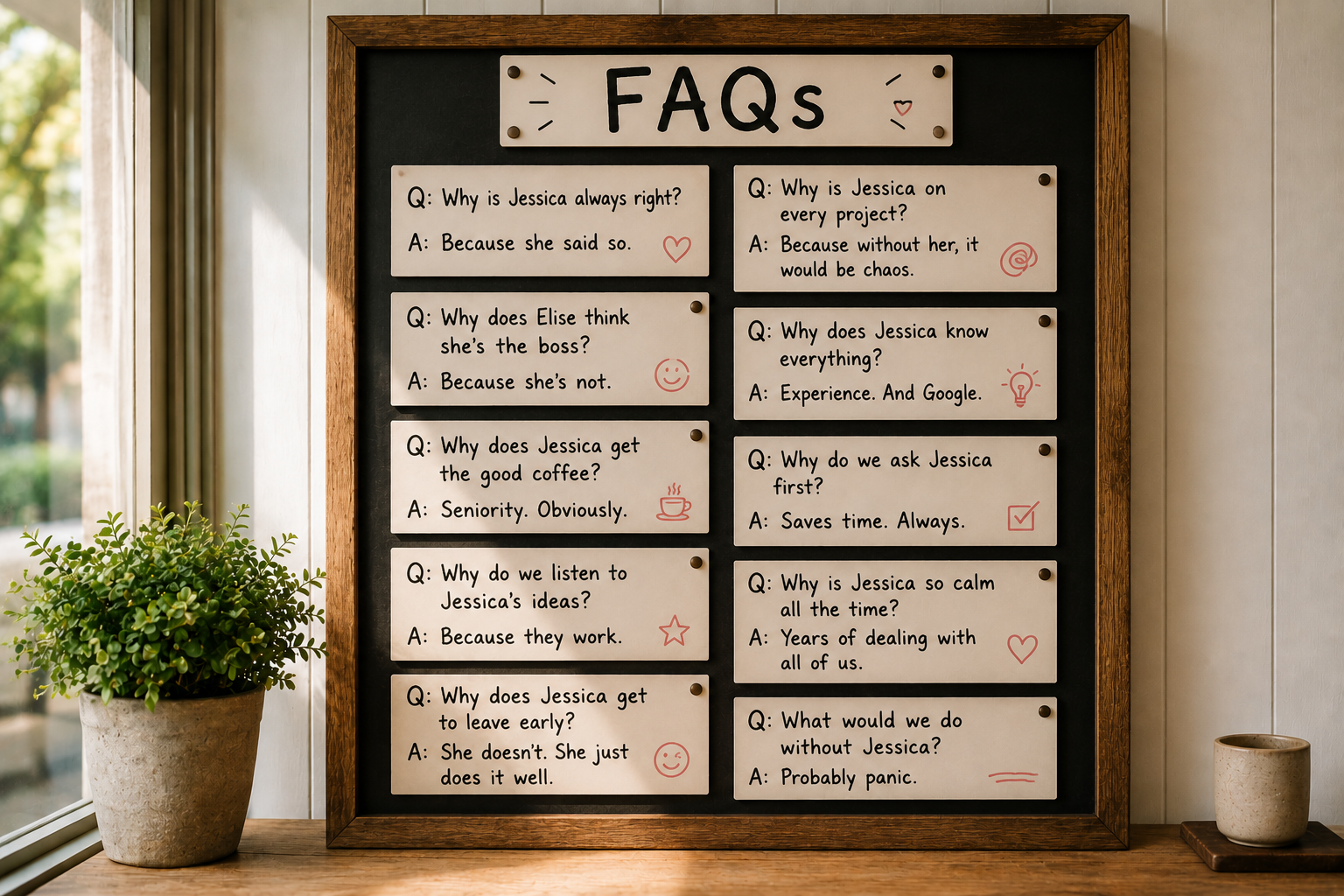 A tidy FAQ noticeboard with handwritten Jessica-themed questions and answers.