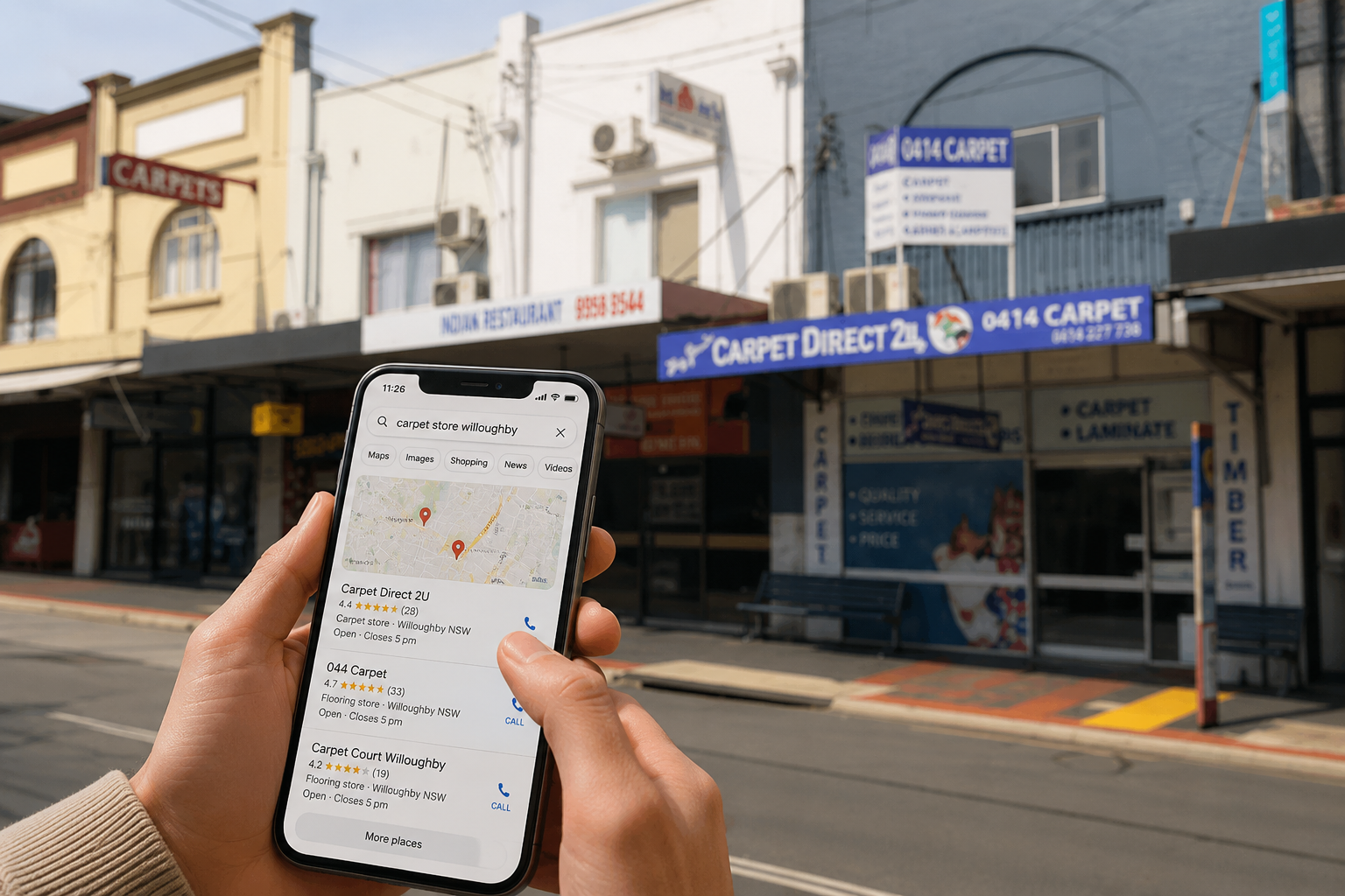 A hand holding a phone, searching for a local business on a Sydney street.