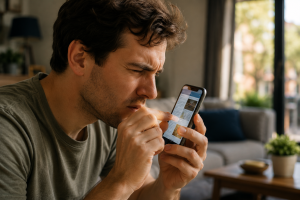 A person squinting at a phone, zooming in to read a website that's too small.