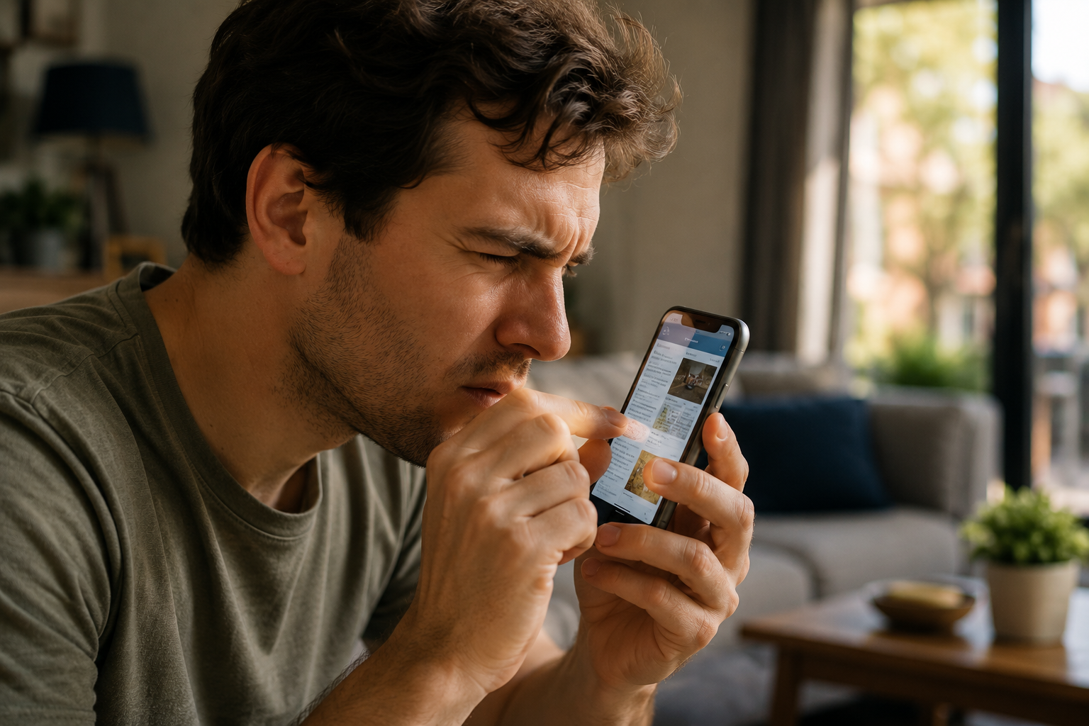 A person squinting at a phone, zooming in to read a website that's too small.