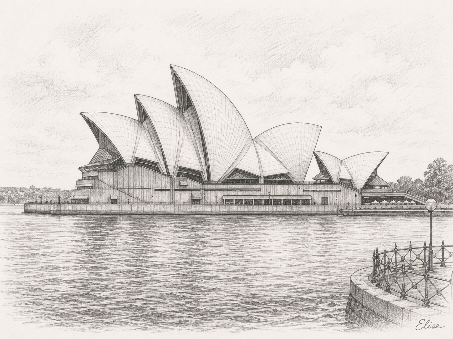 Pencil sketch of the Sydney Opera House on the harbour, signed by Elise.