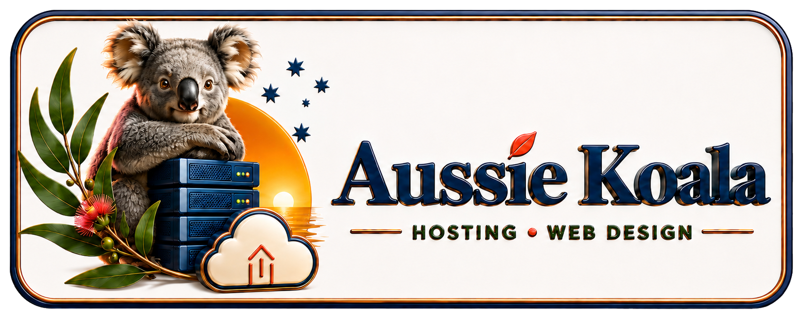 Aussie Koala web hosting banner with koala, server stack, eucalyptus leaves, and cloud hosting icon