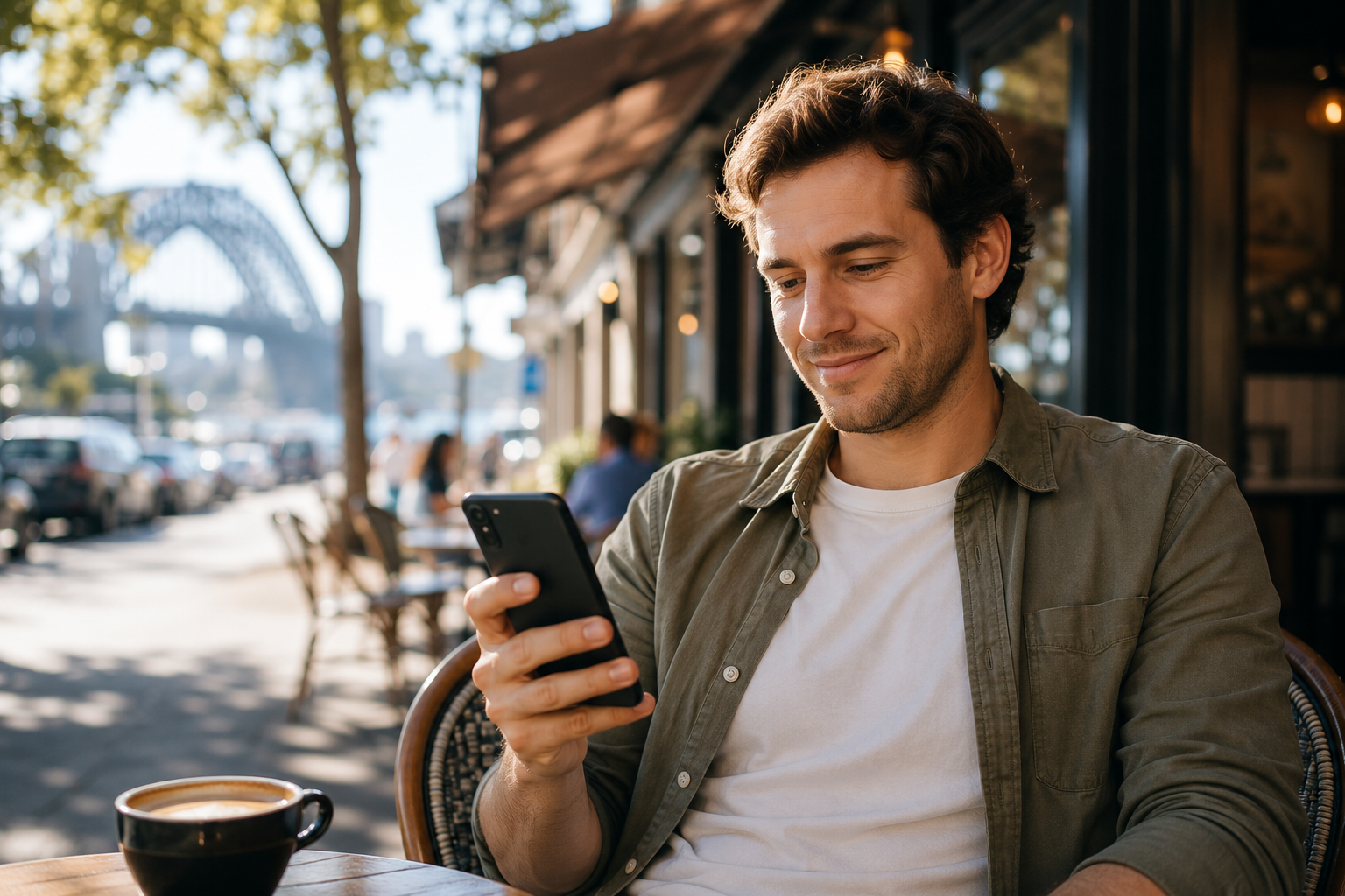 A person comfortably reading a website on a phone on a Sydney street.