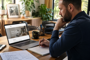 An Australian small business owner sits at a laptop in a warm natural workspace, reviewing notes about website enquiries and performance.